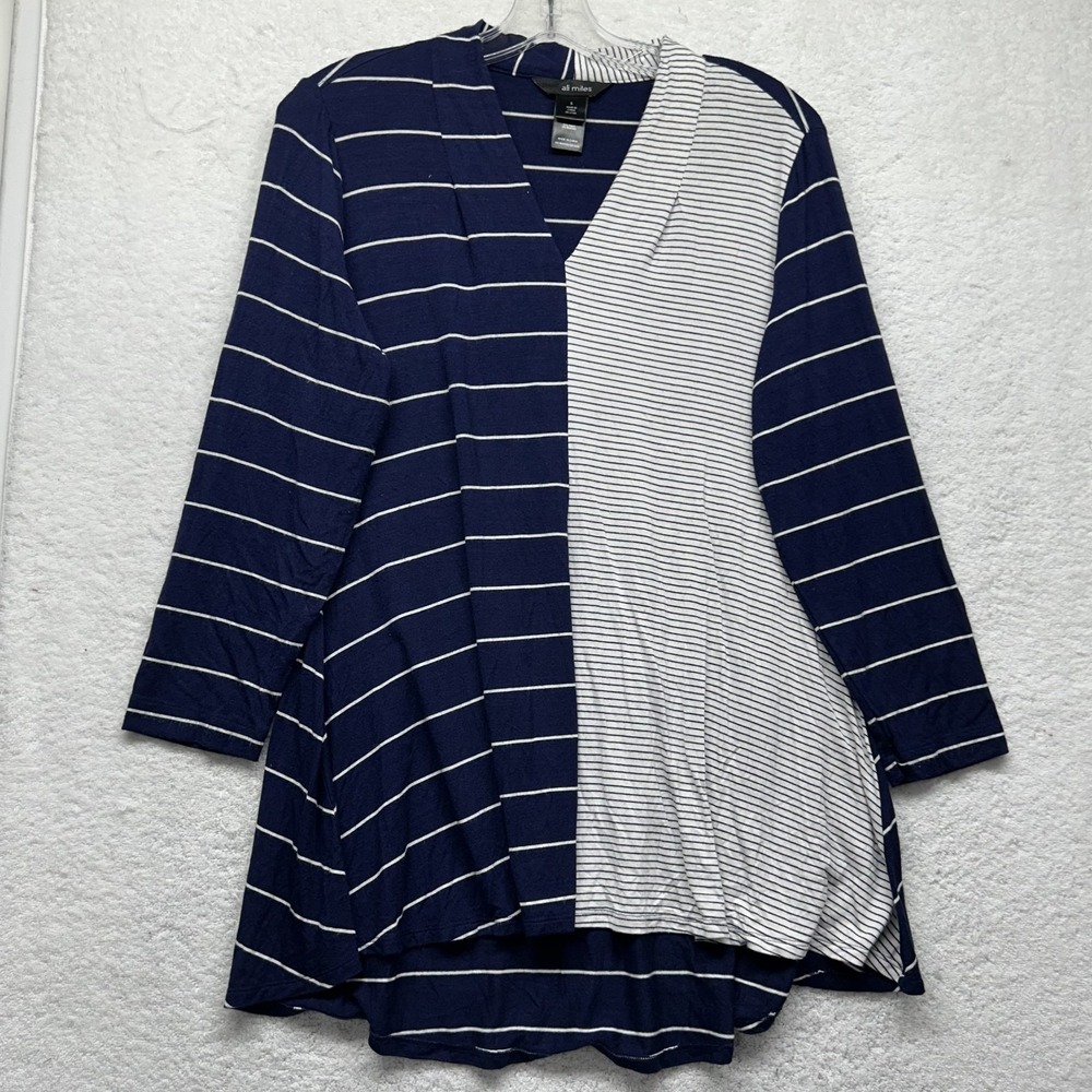 Ali Miles Womens Size S Blue Striped 3/4 Sleeve V Neck Top (L4)